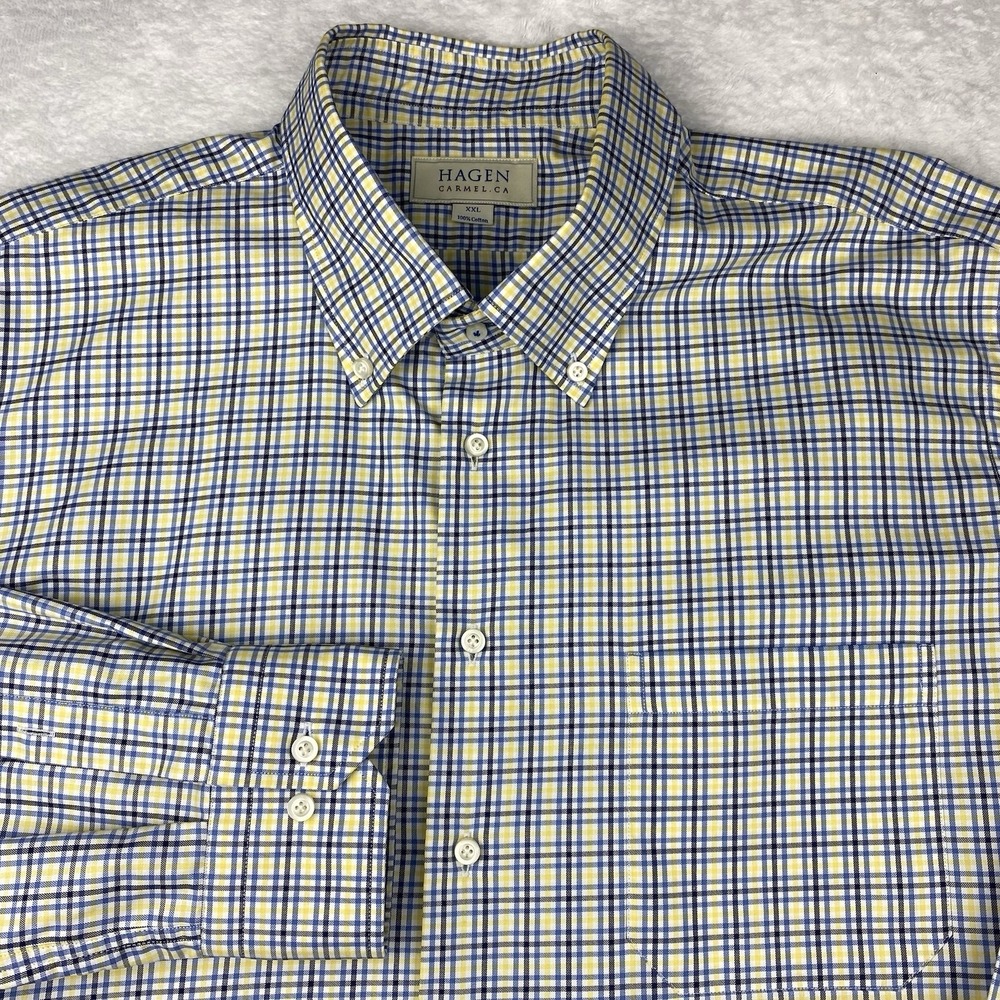 HAGEN of Carmel California Shirt Men's XXL Blue/Yellow Checks Wrinkle Resistant
